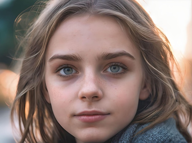 Photo close up portrait of beautiful white girl with blonde hair and crystal clear eyes looking at camera