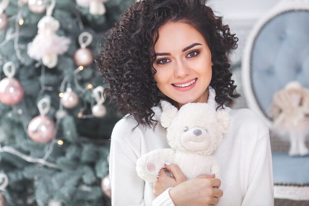 Close up portrait of beautiful woman on christmas 