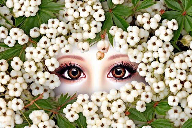 Close up portrait of beautiful woman's eyes with white flowers and green leaves