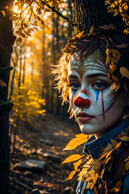 Close up portrait of a beautiful woman with fantasy make up in the forest