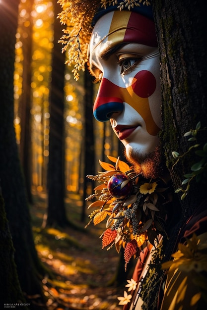 Close up portrait of a beautiful woman with fantasy make up in the forest