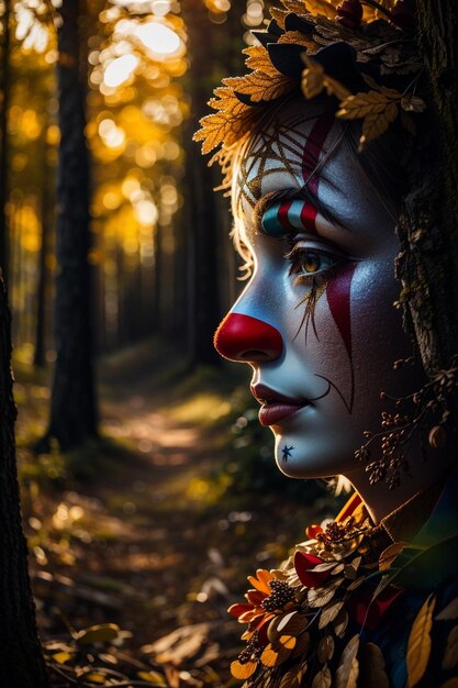 Close up portrait of a beautiful woman with fantasy make up in the forest