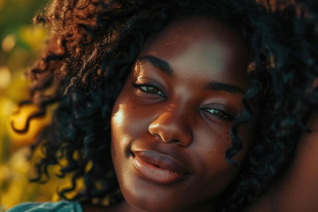 Close up portrait of a beautiful young african american woman relaxing outdoors