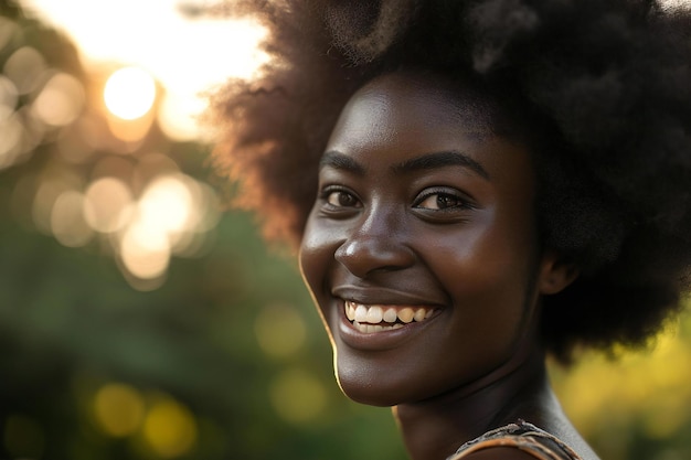 Close up portrait of a beautiful young african american woman smiling outdoors