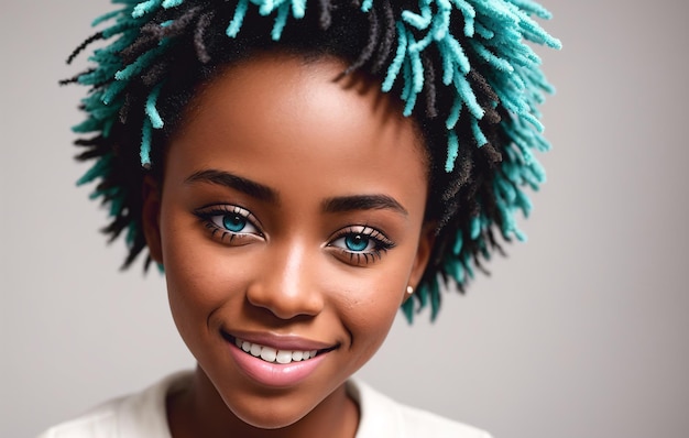 Портрет красивой молодой афроамериканки с голубыми волосами