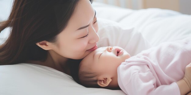 Close up portrait of beautiful young asian caucasian mother day girl kissing healthy newborn baby