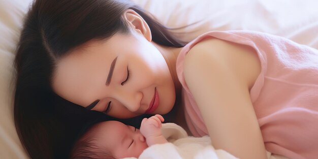 Close up portrait of beautiful young asian caucasian mother day girl kissing healthy newborn baby