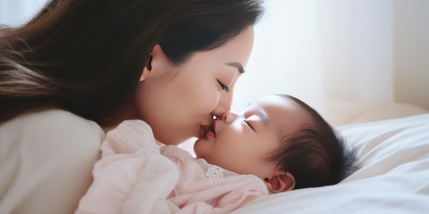 Close up portrait of beautiful young asian caucasian mother day girl kissing healthy newborn baby