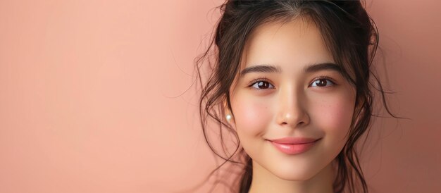 Close up portrait of beautiful young asian woman with clean fresh skin The concept of advertising cosmetics for facial care A poster with a place to copy
