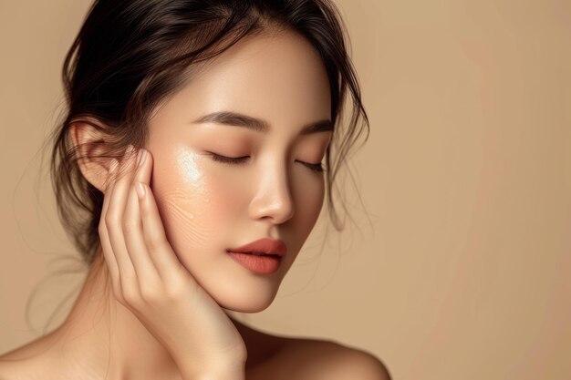 Close up portrait of beautiful young Asian woman with flawless skin and natural makeup touching her face