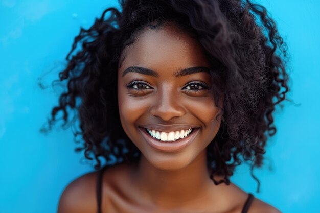 Photo close up portrait of beautiful young black woman smiling against blue background