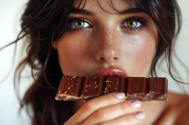 Foto ritratto da vicino di una bella giovane donna bruna che mangia cioccolato