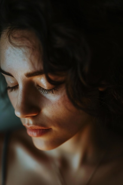 Close up portrait of a beautiful young brunette woman with closed eyes