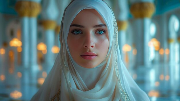 Close up portrait of beautiful young muslim woman wearing hijab