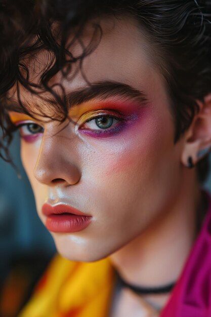 Close up portrait of beautiful young transgender man with bright perfect makeup and curly hair