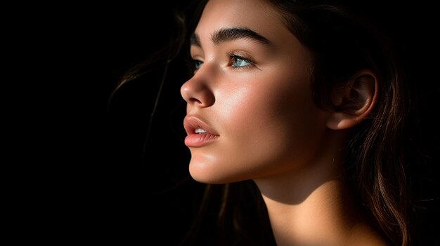 close up portrait of beautiful young woman face with perfect skin and make up on dark background