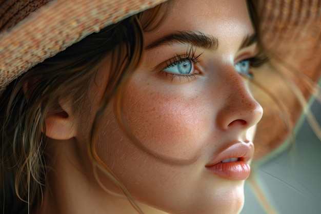 Близкий портрет красивой молодой женщины в персиковой шляпе