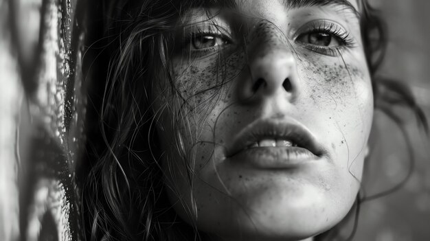 Close up portrait of a beautiful young woman with freckles on her face She has long dark hair and her eyes are looking down at the camera