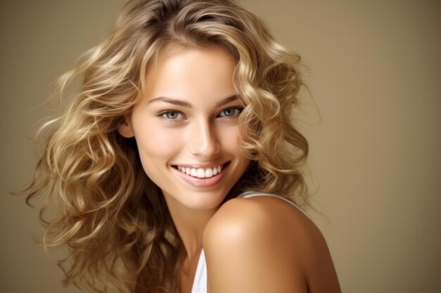 Close up portrait blond model smiling in studio shot