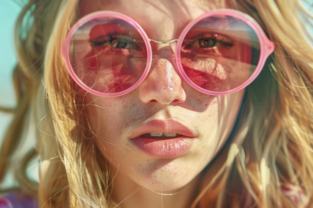 Close up portrait of blonde woman having fun at resort