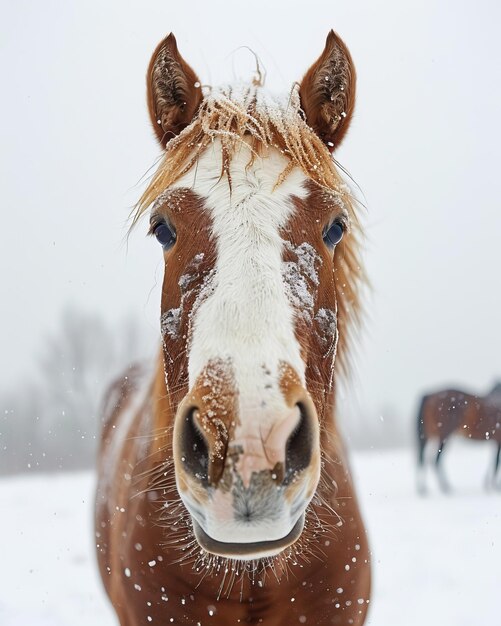 Foto ritratto da vicino di un cavallo marrone e bianco nella neve