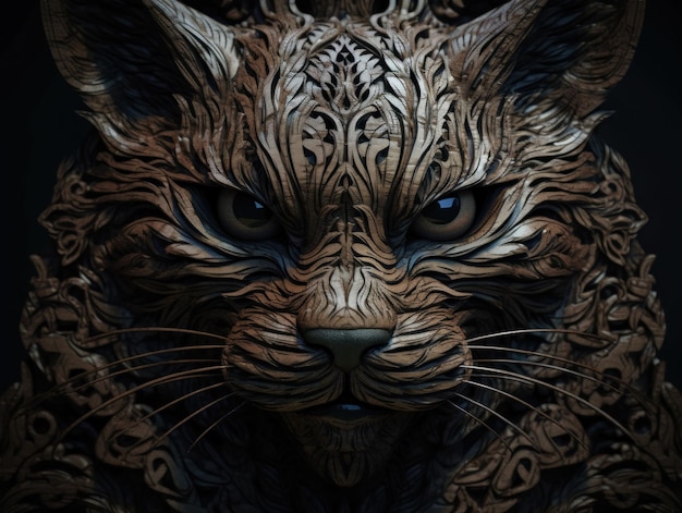 Close up portrait of a cat with oriental ornament woodcarving elements background