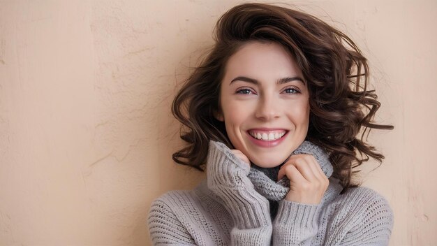 Close up portrait of cheerful dreamy smiling beautiful brunette curly girl in knitted sweater and g