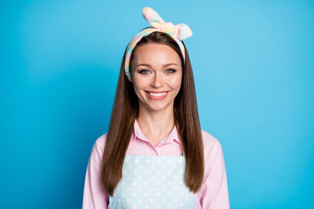 Close-up portrait of cheerful maid assistant cleaner waitress