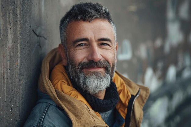 Close up portrait of cheerful middle aged man with beard standing against wall and smiling