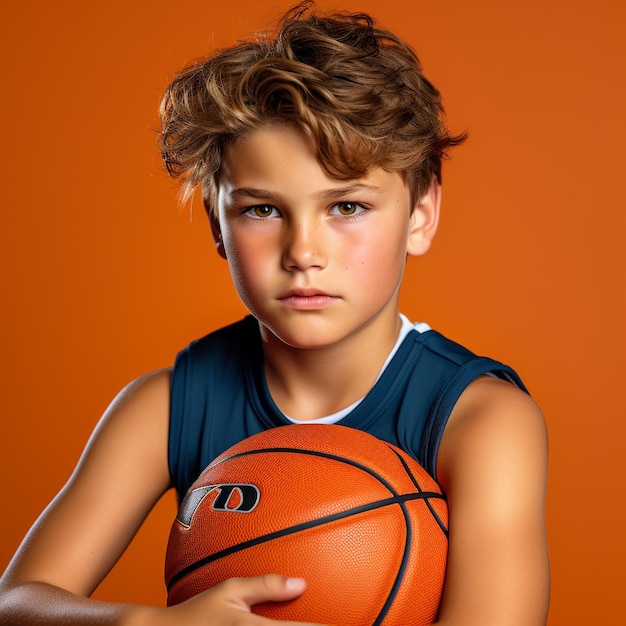 Close up portrait of child basketball player with orange background