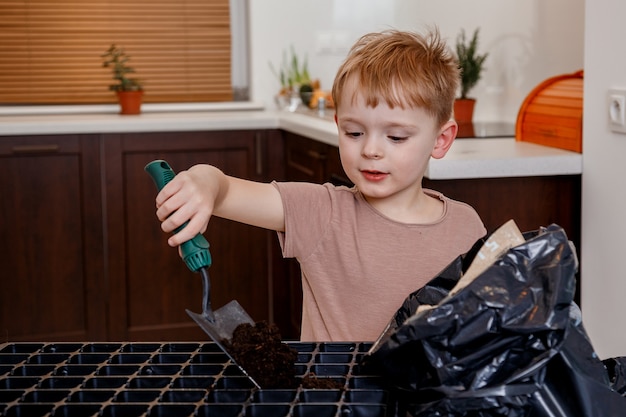 Close-up portrait of a child gardening. Home gardening.