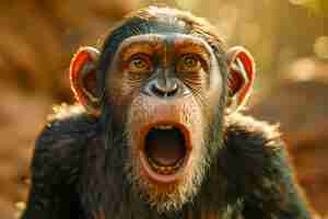 Photo close up portrait of a chimpanzee with open mouth against a blurred natural background in warm light