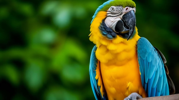 close up portrait of colorful blue and yellow macaw parrot