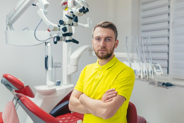 Close up portrait of a confident dentist in a medical office or clinic