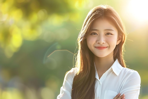 満足した笑顔でカメラを見ている自信のある韓国人女子学生のクローズアップ肖像画