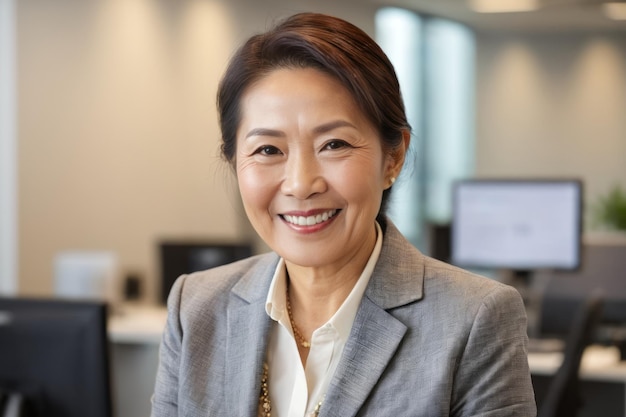 Close up portrait of confident senior smiling Asian woman looking at the camera