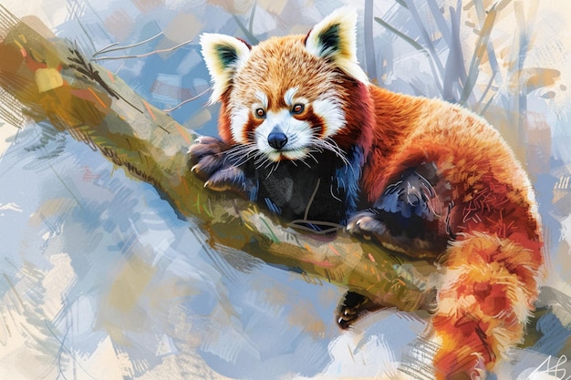 Портрет любопытной красной панды, сидящей на ветви, с свернутым кустарниковым хвостом.