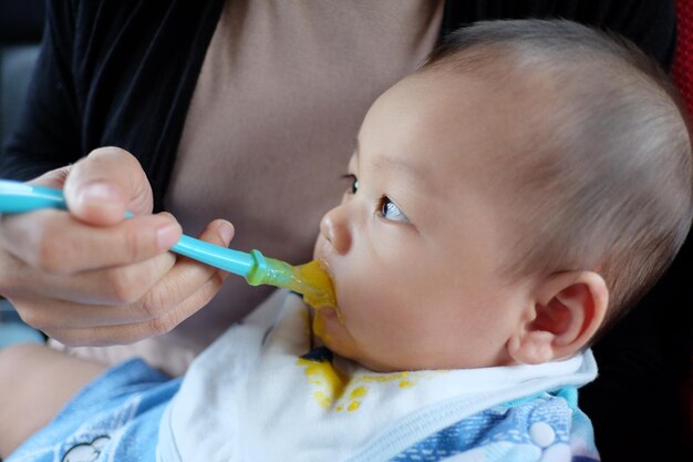 Close-up portrait of cute baby eating