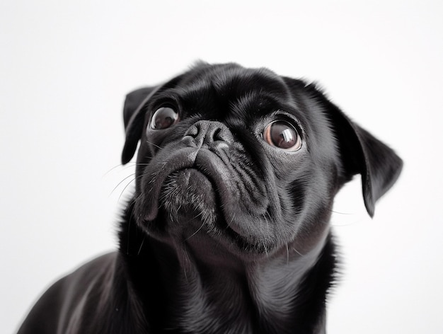 孤立した白い背景の肖像画かわいい黒パグ犬を閉じます広告用の美しい犬の写真