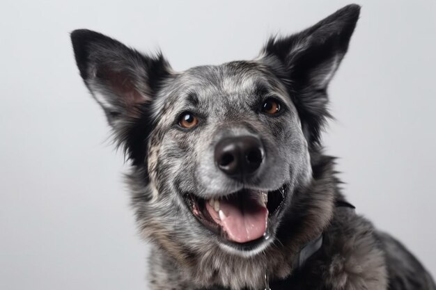 離れた白い背景に笑顔を浮かべている可愛い面白い灰色の犬の肖像画美しい犬の写真