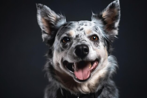 離れた白い背景に笑顔を浮かべている可愛い面白い灰色の犬の肖像画美しい犬の写真