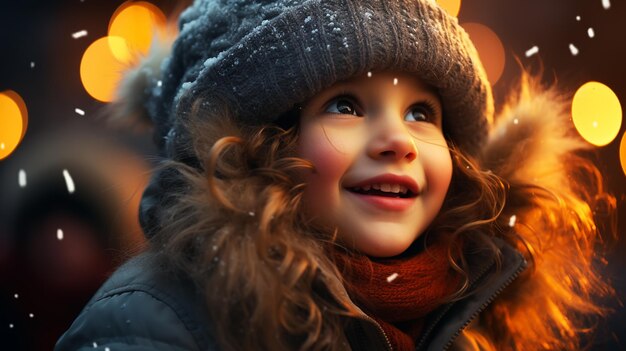 Close up portrait of cute girl looking at festive fireworks outdoor