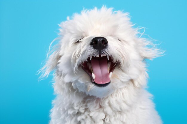 Close up portrait of a cute white maltese dog on blue background