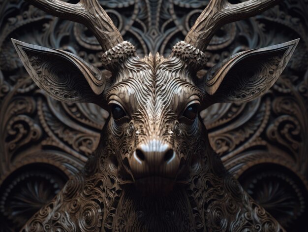 Close up portrait of a deer with oriental ornament woodcarving elements background