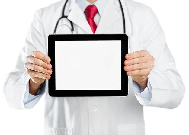 Close-up portrait of Doctor  with tablet pc