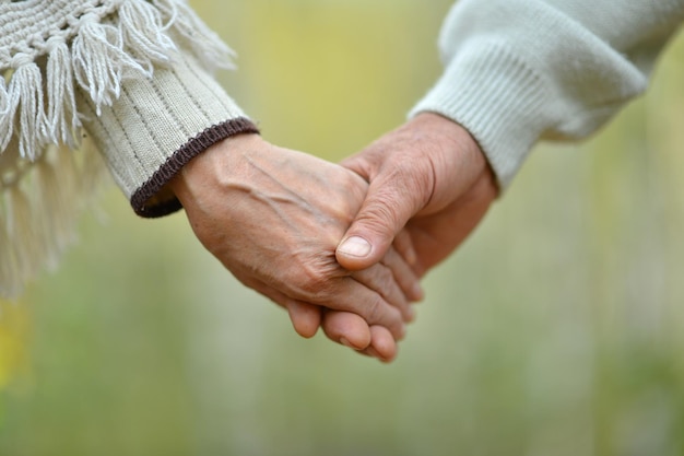 Close up portrait of elderly couple holding hands in autumn park