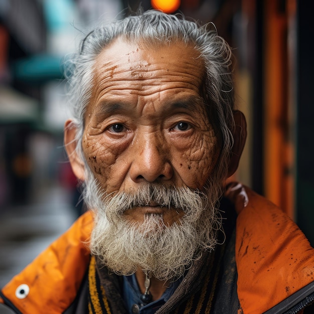 Close up portrait of an elderly man of Asian appearance