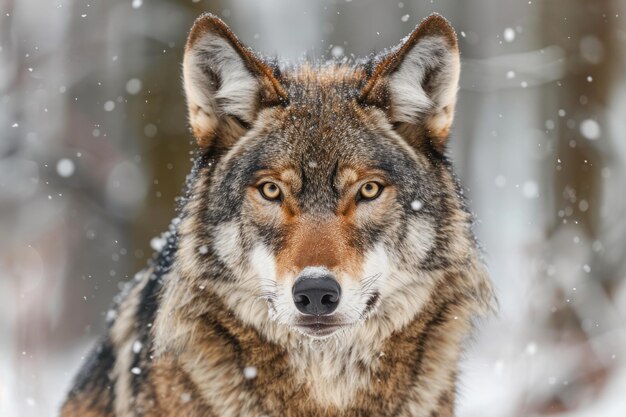 Close up portrait of Eurasian wolf in winter forest