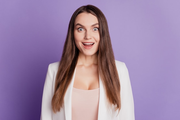 Close up portrait of excited crazy lady open mouth wear formal suit posing on violet wall