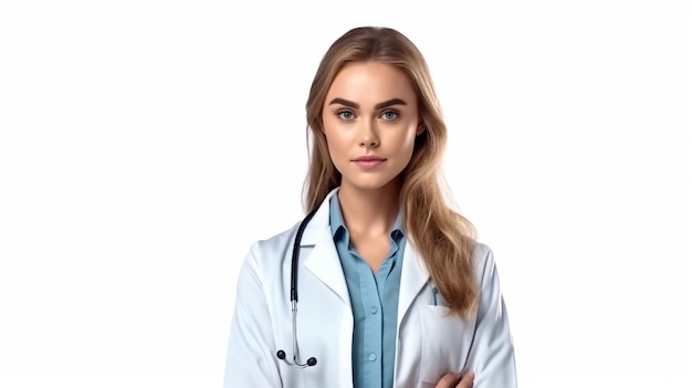 Близкий портрет молодой женщины-доктора со стетоскопом, выглядящей серьезно в профессиональном здоровье